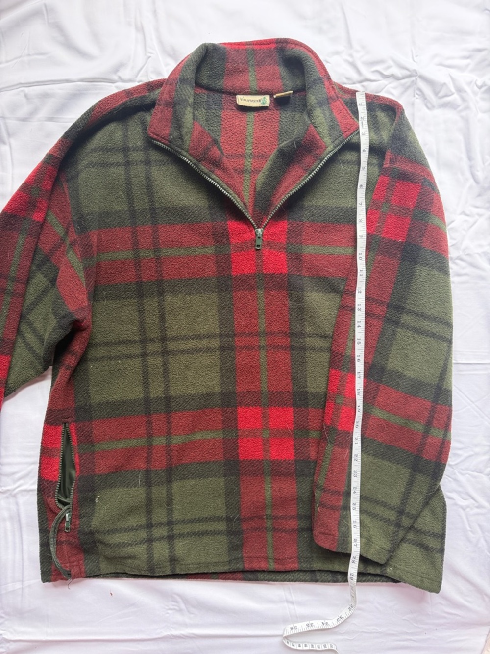 Vintage FieldMaster Men's Half-Zip Plaid Fleece Sweater - Olive Green & Red